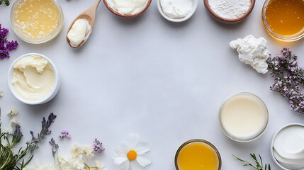 Creating natural skincare products home workshop photography bright environment overhead view diy concept