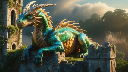 A turquoise green dragon lounges on a vine-covered ruin.