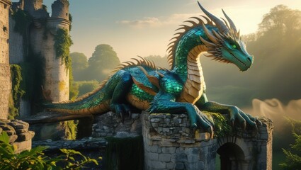 A green turquoise dragon rests on a vine covered ruin.
