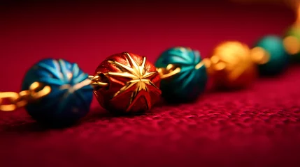 Fototapeten Festive JewelTone Beads on Red Fabric. © bagus_