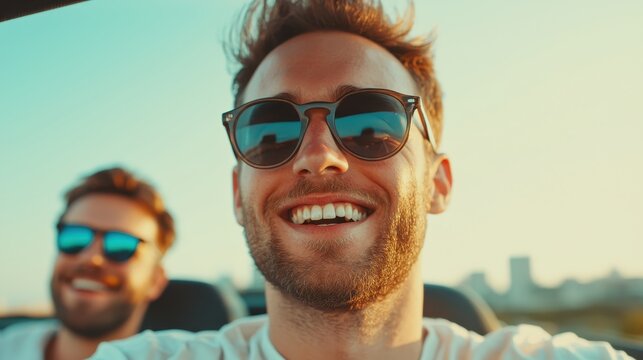 Friends enjoying a sunny drive in a convertible car.