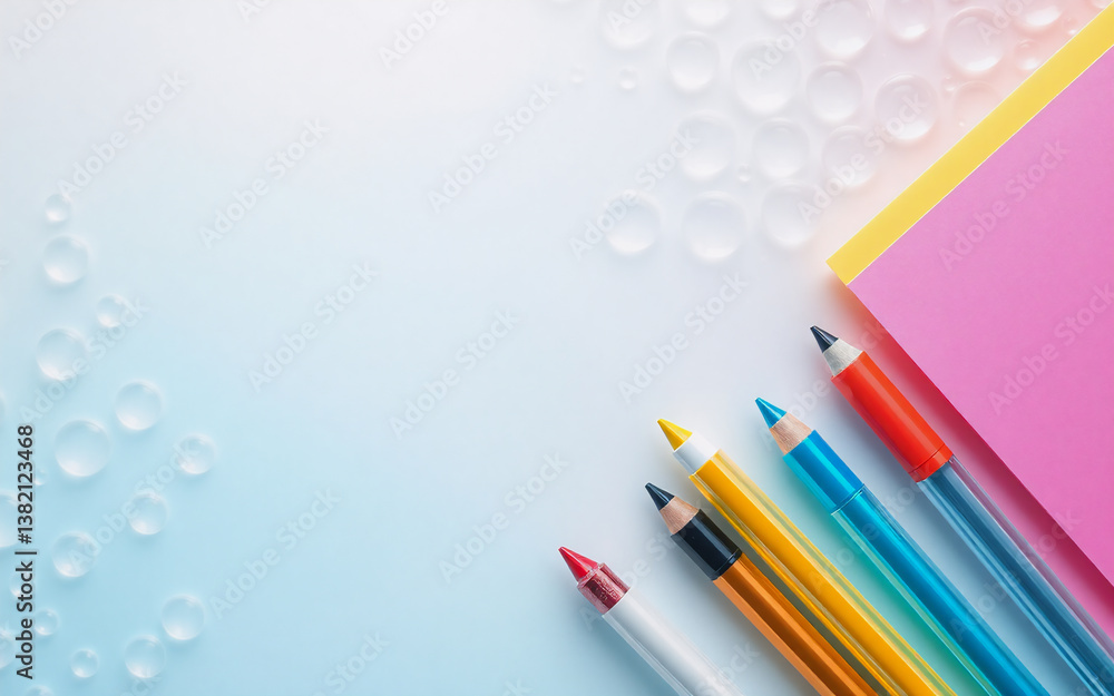Poster colorful pencils and sticky notes are neatly arranged on a soft gradient background with bubble-like