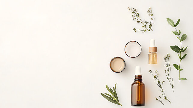 Essential oils and herbal remedies home product photography natural environment overhead view wellness concept