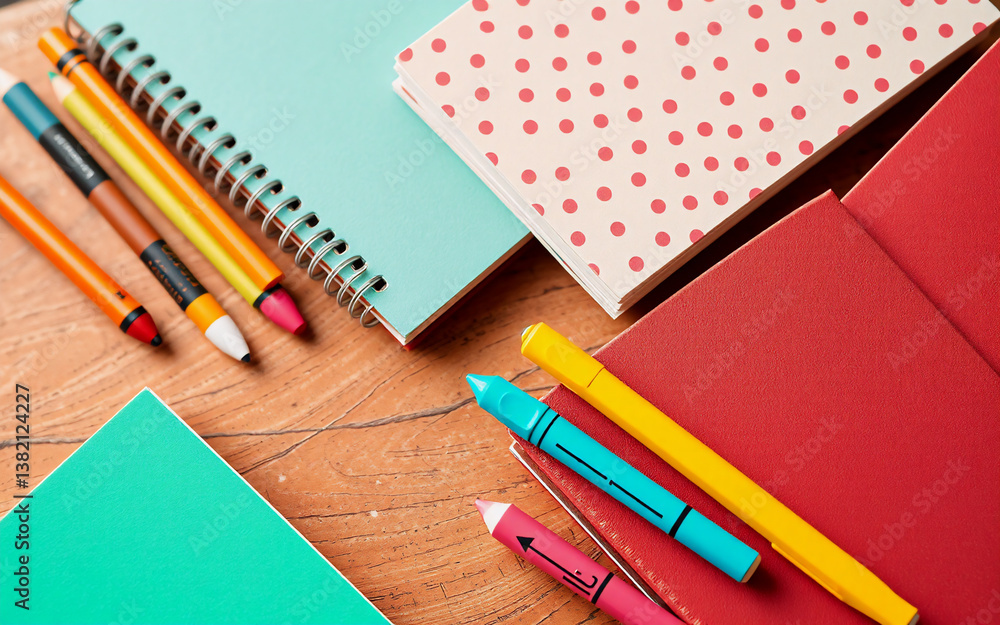 Poster colorful notebooks and pens are neatly arranged on a wooden table, creating a vibrant and organized 