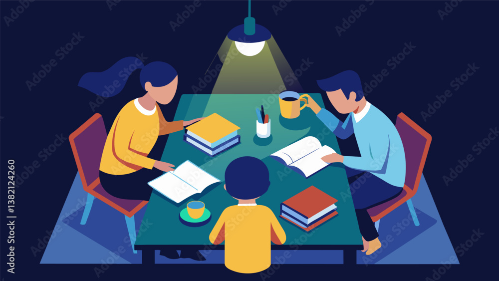 Poster a birdseye view of a dining table covered in textbooks and colorful paper with a family working on t