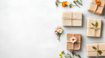 Handmade soap arrangement with flowers natural setting product photography aesthetic view artisan craft