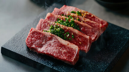 Fototapeta premium Sizzling grilled beef steak preparation kitchen food photography culinary arts close-up gourmet experience