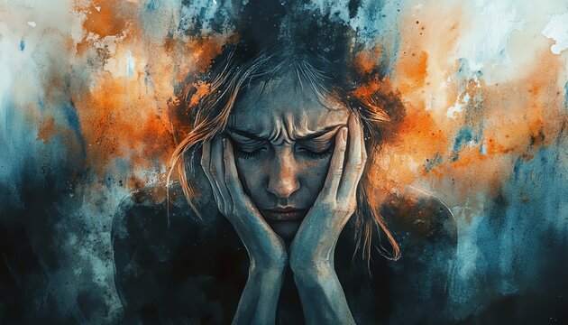 A raw watercolor illustration of a woman overwhelmed by anxiety and despair, dark and light tones blending to symbolize inner emotional battles, powerful artistic expression