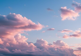 Beautiful Sky with Pink and White Clouds at Sunset, Moon in Blue Sky Background.