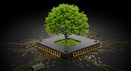 A tree growing on a circuit board, symbolizing organic growth in digital marketing, rendered with photorealistic textures.
