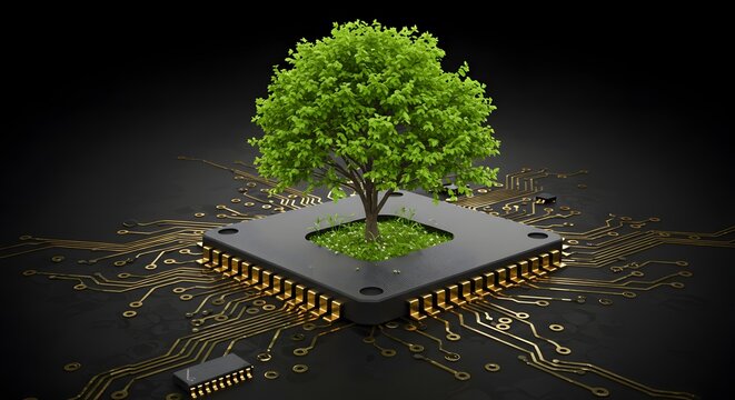 A tree growing on a circuit board, symbolizing organic growth in digital marketing, rendered with photorealistic textures.