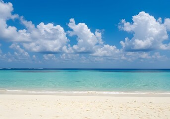 Fototapeta premium Scenic Tropical Beach with White Sand, Turquoise Water, Blue Sky, Fluffy Clouds, Summer Vacation, Paradise.