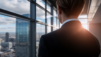 Image depicts a person in a suit looking out a large window at a cityscape. Hints of ambition and success in an office are present, with bright light.