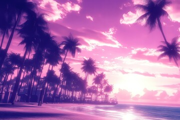 Tropical beach with palm trees at sunset