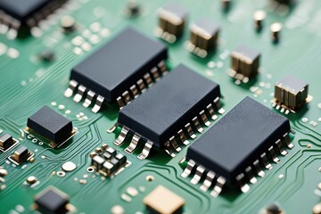 Close-up view of a green circuit board with black integrated circuits and metallic components, showcasing advanced technology