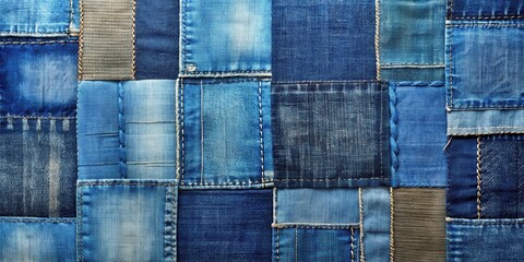 A Detailed Close-Up of a Patchwork Textile Composed of Varied Shades of Blue Denim Fabric Stitched Together in a Complex and Intricate Pattern