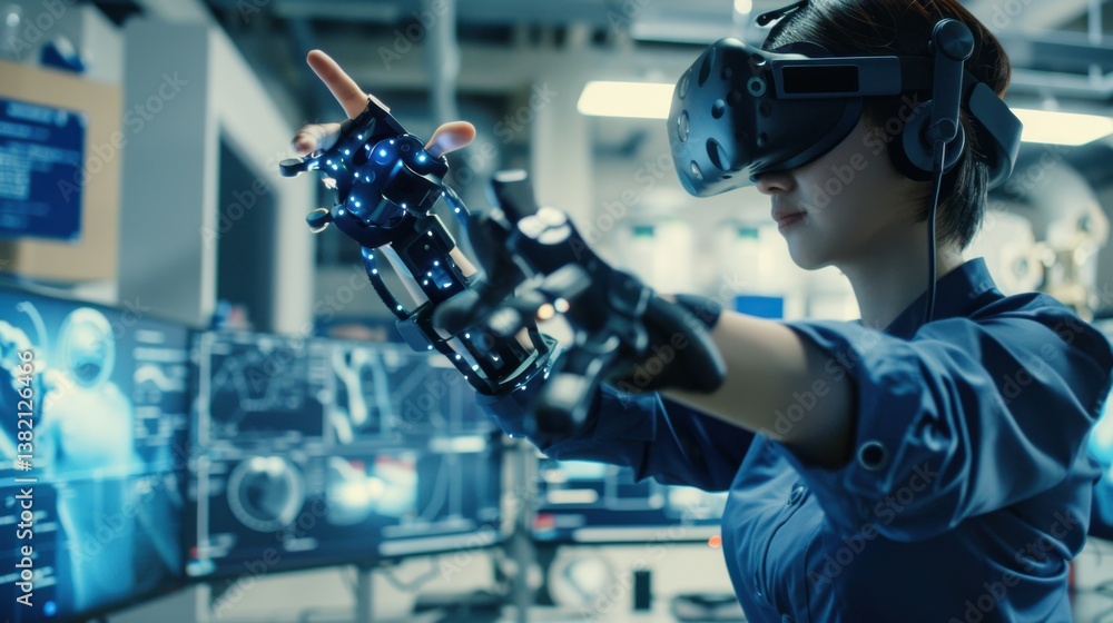 Poster student engineer testing advanced robotic arms using virtual reality in high-tech laboratory