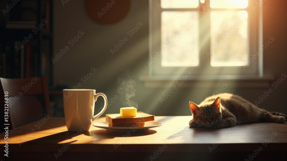Poster cat is sleeping on a table next to a plate of toast and a cup of coffee. the sunlight is shining thr