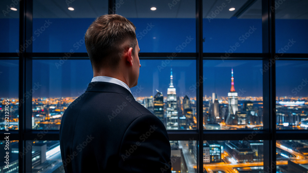 Poster a professional person in a dark suit stands by a window, gazing at a illuminated cityscape at night.