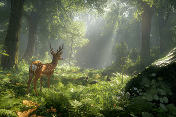 Harmony in the Heart of the Forest: A Symphony of Wildlife and Nature's Embrace Under a Canopy of Light and Life