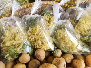 Close-up of vibrant, overflowing market stall with diverse produce, Traditional market. Various...