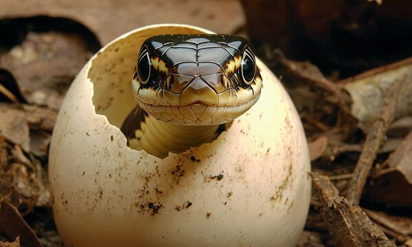 A reptile emerges from its cracked egg. Scales shimmer, surrounded by fallen leaves