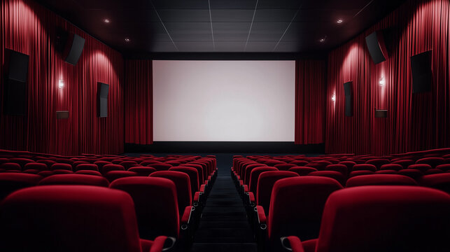 Empty Cinema Hall with Red Seats and Large Screen Ready for Movie Premiere in a Dark Theater
