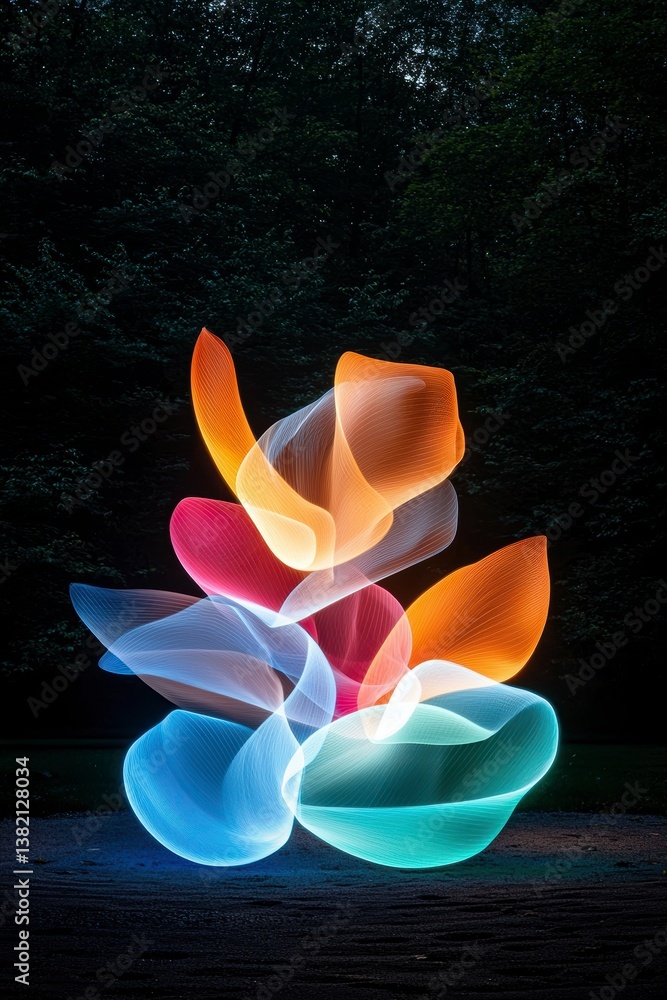 Poster light art installation displaying colorful shapes in a forest setting night photography abstract con