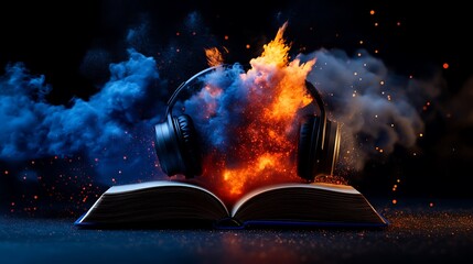 Obraz premium Fiery Book Headphones Audiobook Passion.