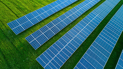 Solar energy production open field aerial view green environment renewable technology
