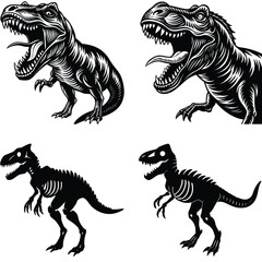 Set of dinosaur silhouettes with zebra and tiger stripe patterns in a black and white wildlife design