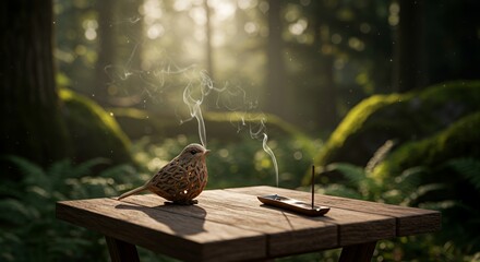 Obraz premium Sunlit Woodland Still Life with Wooden Bird Figurine and Incense