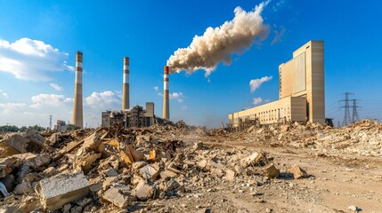 Earthquake Impact and Seismic Damage Assessment, Industrial landscape with smokestacks and debris under a clear blue sky.