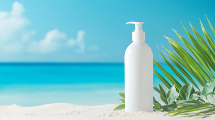 Relaxing beach scene with sunscreen bottle tropical ocean product photography serene environment close-up view