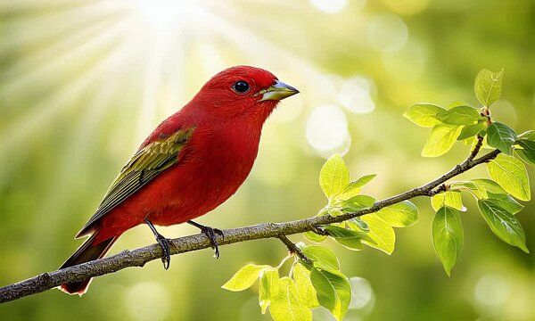 Scarlet tanager perched on a branch, bathed in sunlight, amidst vibrant green leaves