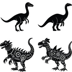 Dinosaur vector illustration featuring a Tyrannosaurus silhouette in black, cartoon style with wild and prehistoric themes