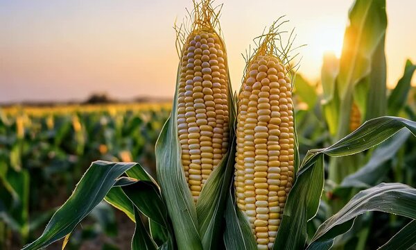 Golden corn on field with vibrant sunset backdrop, lush green leaves framing the sweet harvest under warm light