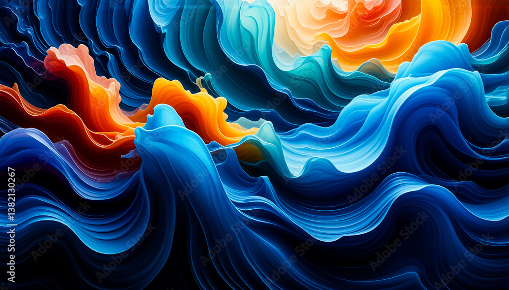 Aufkleber abstract fluid waves of vibrant blue, orange, and yellow merge in a dynamic display. flowing shapes 