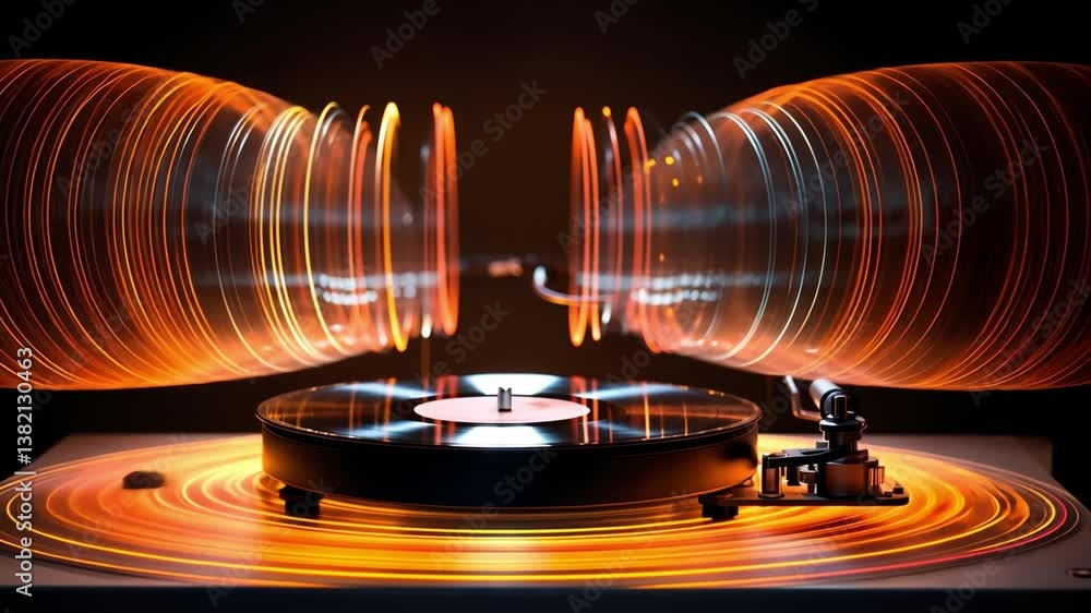 Poster harmonic echoes: a turntable spins with the magic of music. illuminated energy waves surround the re