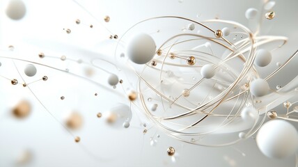 Abstract design with white and gold spheres, elegant flowing lines on a light background, modern and dynamic.