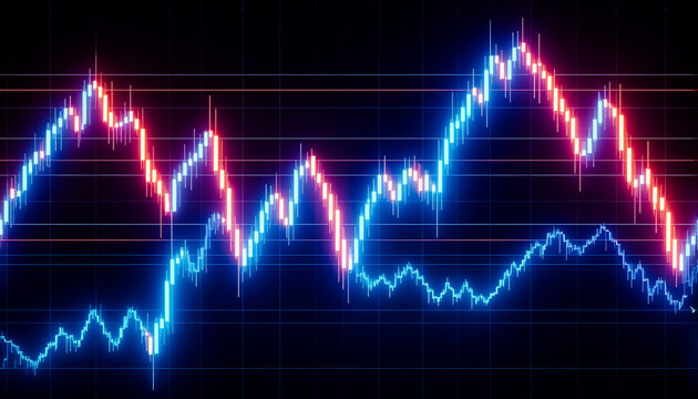 Fluctuating red and blue lines on a dark grid visualize data trends. Peaks and valleys indicate market changes or dynamic signals. Neon colors.