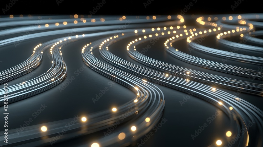 Poster abstract glowing light trails on a dark background, representing data flow and digital connectivity.