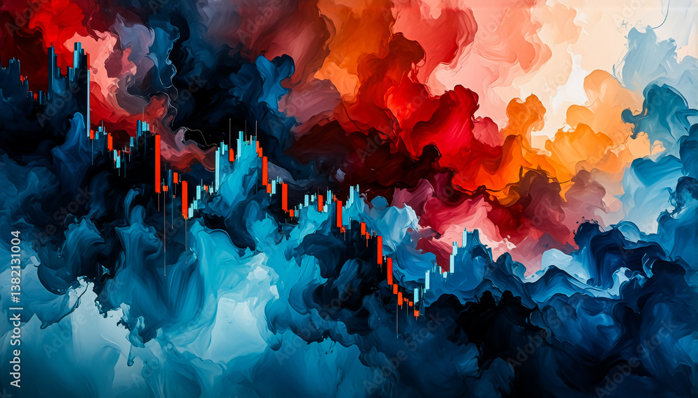 Poster abstract artwork with dynamic blue and red swirling colors resembling smoke or clouds. a red financi