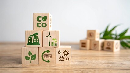 Wooden cubes form the symbol CCU (carbon capture utilization) and CCS (carbon capture storage). Environmental Business concept, Net zero action