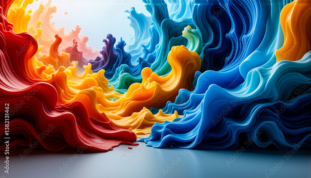 Aufkleber Abstract waves of vibrant colors merge and flow, creating a dynamic and fluid composition. The colors range from warm to cool, swirling in a smooth, rendered style.