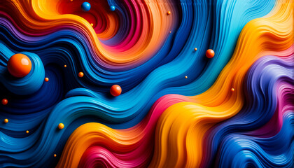 Fototapeta premium Vibrant abstract art features dynamic, flowing lines in multiple colors, with scattered spheres. A visually engaging and energetic composition.