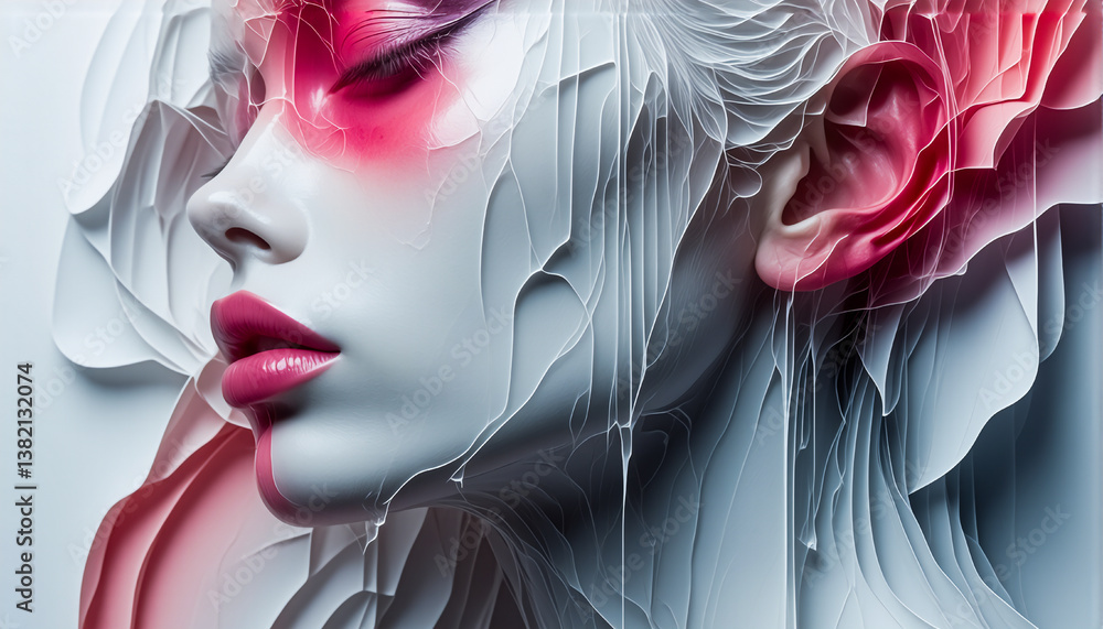 Poster Surreal female portrait with flowing white and pink abstract elements. Artistic depiction with liquid textures and vibrant colors in a close-up view.