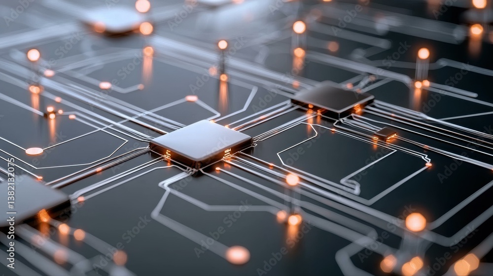 Poster close-up of a futuristic circuit board with glowing paths, showcasing innovation and digital connect