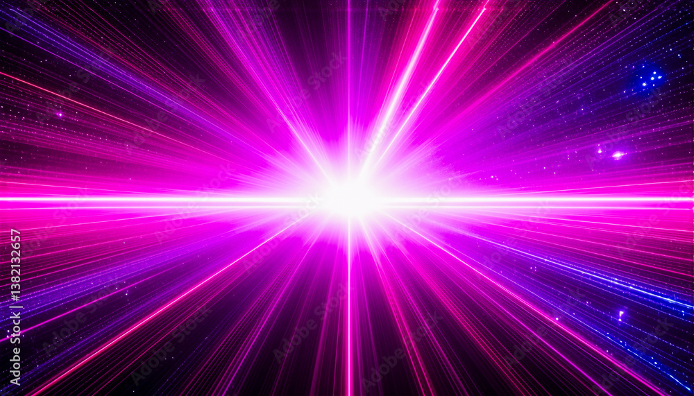 Poster a burst of vibrant magenta and blue light emanates from a central point, radiating outwards in a dyn