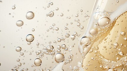 Close-up of sparkling bubbles in a glass of champagne, capturing effervescence and elegance in a bubbly drink.